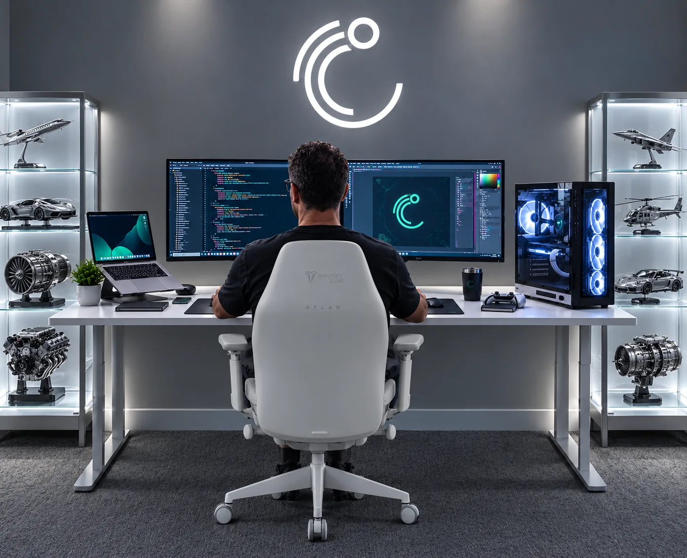 Jared at his desk in the Cottone.io studio, under the glowing Cottone.io logo, with code and the logo on his monitors and backlit display shelves on either side