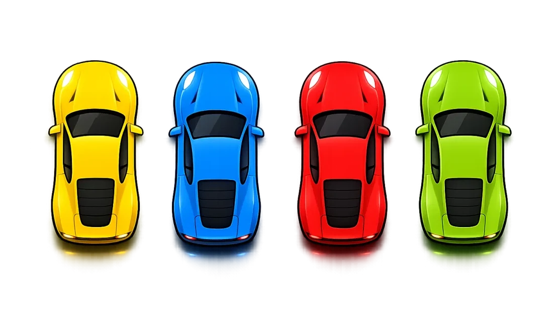 Traffic Watch artwork: four colourful sports cars seen from above