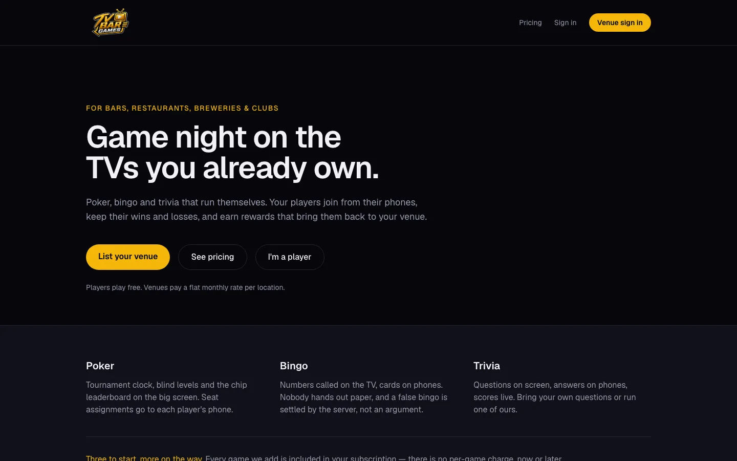 The TV Bar Games home page: Game night on the TVs you already own.